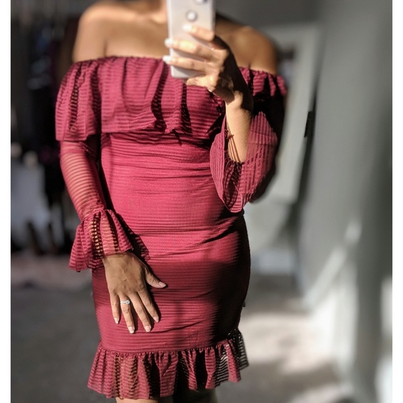 Off The Shoulder Bell Sleeve Ruffle Detail Dress - Picture 1 of 5